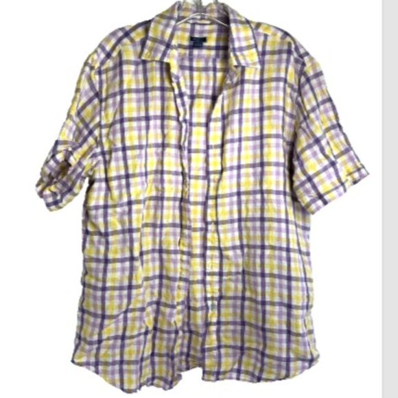 Tom James mens button linen shirt large purple white yellow plaid check gingham - Picture 1 of 10